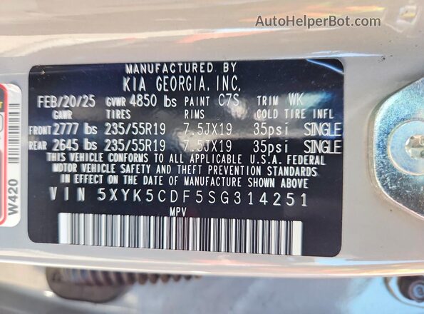 5XYK5CDF5SG314251 2025 KIA SPORTAGE Gray VIN sticker view