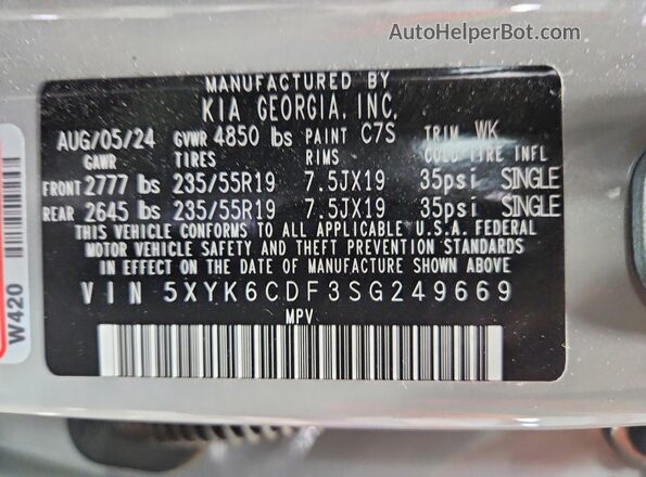 5XYK6CDF3SG249669 2025 KIA SPORTAGE Gray Вид наклейки з VIN-кодом
