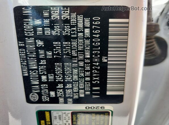 5XYP24HC3LG046760 2020 KIA TELLURIDE White Widok naklejki z numerem VIN
