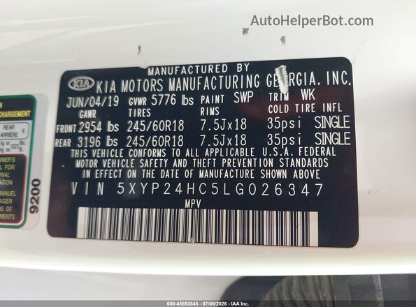 5XYP24HC5LG026347 2020 KIA TELLURIDE White Շարժիչի բաժամունքի տեսք