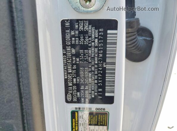 5XYP24HC7MG151738 2021 KIA TELLURIDE White Vista de la etiqueta del VIN