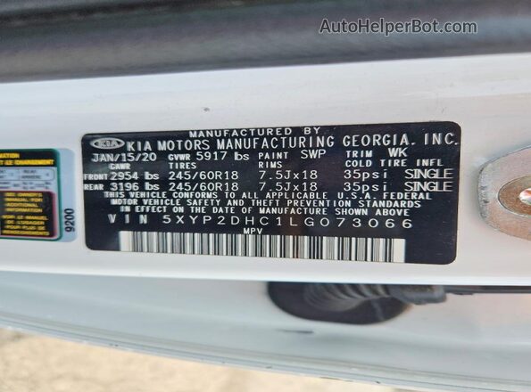 5XYP2DHC1LG073066 2020 KIA TELLURIDE White VIN კოდის სტიკერის ხედი