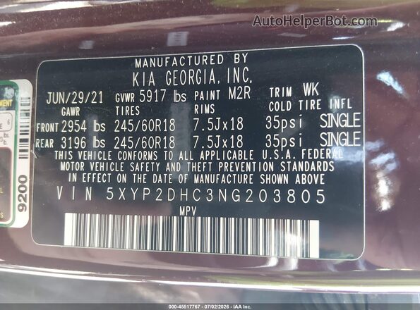 5XYP2DHC3NG203805 2022 KIA TELLURIDE Maroon Vista del compartimento del motor