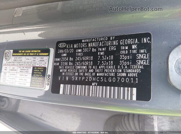 5XYP2DHC5LG070011 2020 KIA TELLURIDE Серый Вид подкапотного пространства