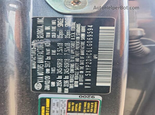 5XYP2DHC6LG069594 2020 KIA TELLURIDE Gray Вид наклейки з VIN-кодом