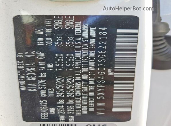 5XYP34GC7SG622184 2025 KIA TELLURIDE White VIN sticker view