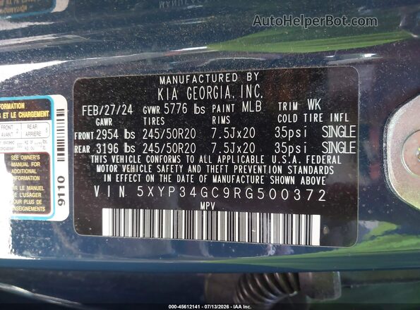 5XYP34GC9RG500372 2024 KIA TELLURIDE Blue Engine compartment view