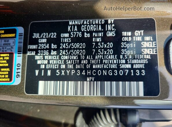 5XYP34HC0NG307133 2022 KIA TELLURIDE Gray Vista de la etiqueta del VIN