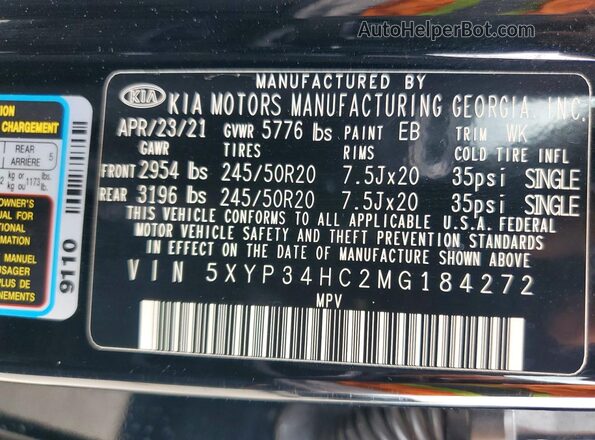 5XYP34HC2MG184272 2021 KIA TELLURIDE Black VIN sticker view