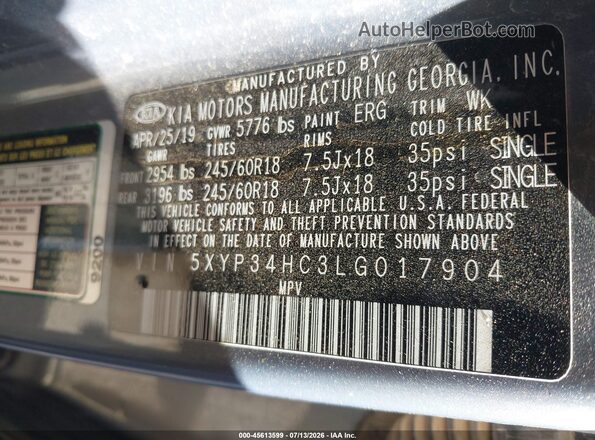 5XYP34HC3LG017904 2020 KIA TELLURIDE Blue Вид підкапотного простору