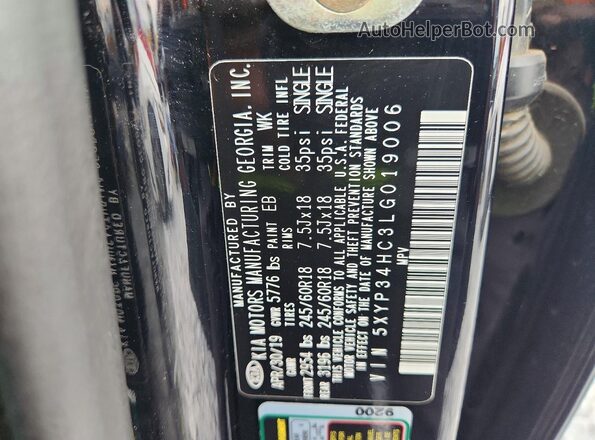 5XYP34HC3LG019006 2020 KIA TELLURIDE Black VIN sticker view