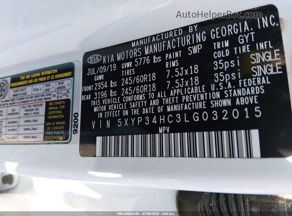 5XYP34HC3LG032015 2020 KIA TELLURIDE White Engine compartment view