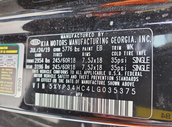 5XYP34HC4LG035375 2020 KIA TELLURIDE Black VIN կոդի պիտակի տեսք