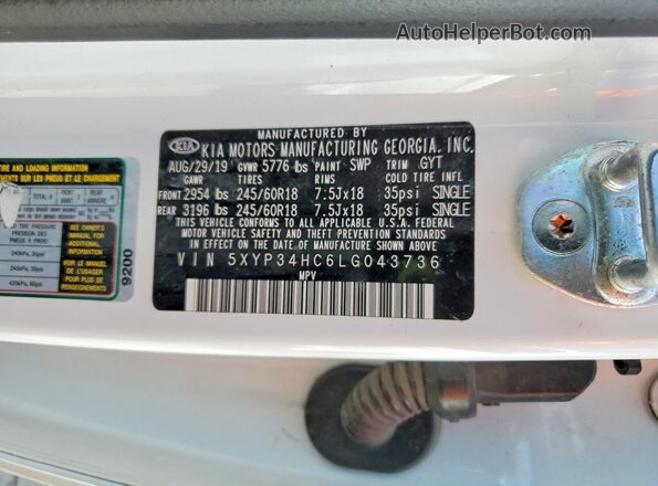 5XYP34HC6LG043736 2020 KIA TELLURIDE White VIN կոդի պիտակի տեսք