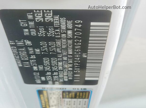 5XYP34HC6NG270749 2022 KIA TELLURIDE Белый Панорамный вид салона 360°