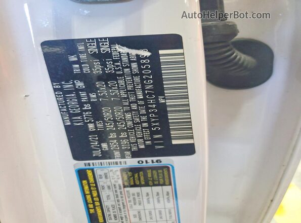 5XYP34HC7NG205893 2022 KIA TELLURIDE White VIN sticker view