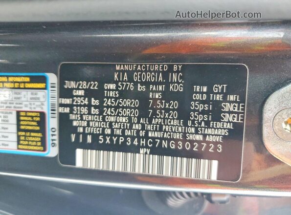 5XYP34HC7NG302723 2022 KIA TELLURIDE Gray Engine compartment view