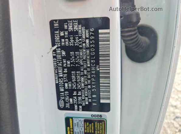 5XYP34HC8LG035976 2020 KIA TELLURIDE White VIN sticker view