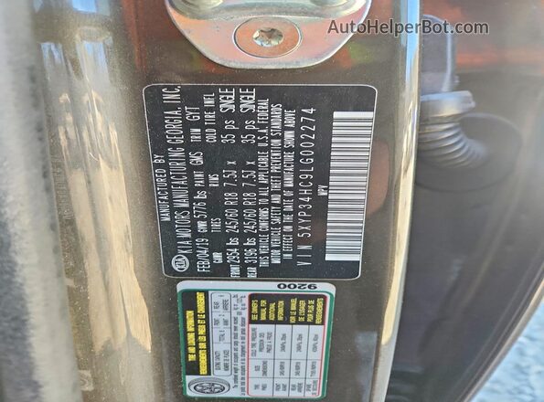 5XYP34HC9LG002274 2020 KIA TELLURIDE Коричневый Вид наклейки с VIN-кодом