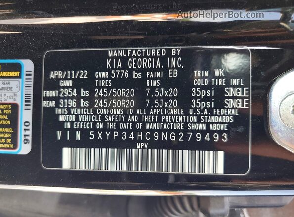 5XYP34HC9NG279493 2022 KIA TELLURIDE Black Widok wnętrza 360 stopni