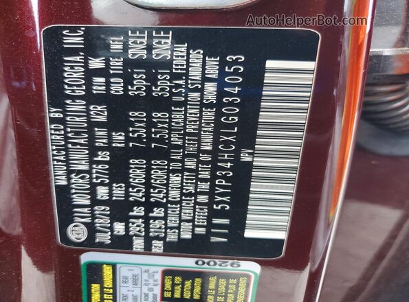 5XYP34HCXLG034053 2020 KIA TELLURIDE Burgundy VIN sticker view