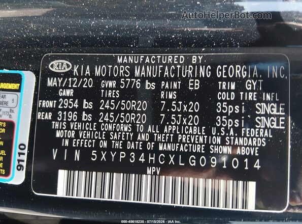 5XYP34HCXLG091014 2020 KIA TELLURIDE Black Вид підкапотного простору