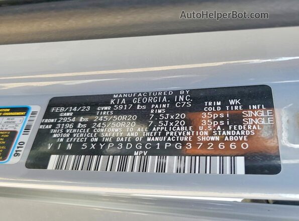 5XYP3DGC1PG372660 2023 KIA TELLURIDE Gray Widok naklejki z numerem VIN