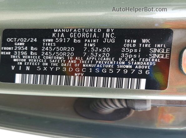 5XYP3DGC1SG579736 2025 KIA TELLURIDE Green Vista de la etiqueta del VIN