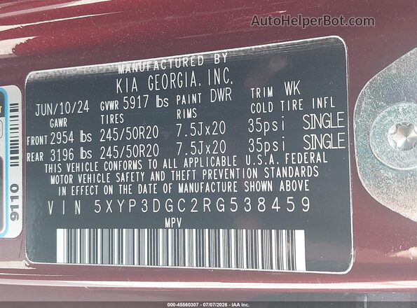 5XYP3DGC2RG538459 2024 KIA TELLURIDE Red ძრავის განყოფილების ხედი