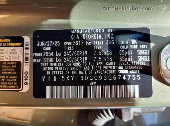 5XYP3DGC9SG674755 2025 KIA TELLURIDE Green VIN կոդի պիտակի տեսք