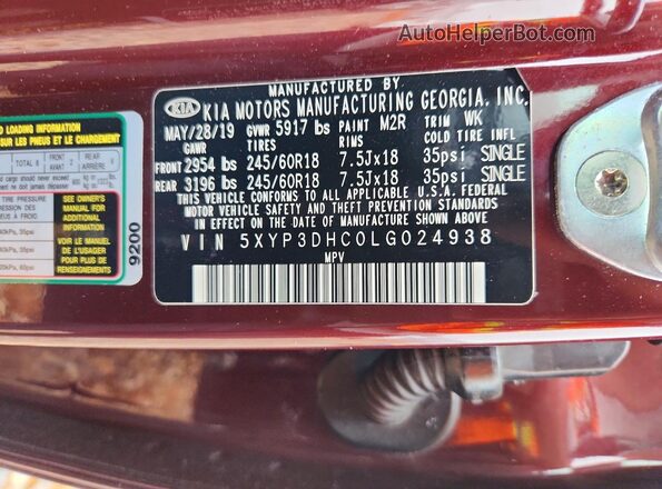 5XYP3DHC0LG024938 2020 KIA TELLURIDE Maroon Вид наклейки з VIN-кодом