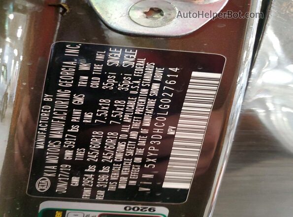 5XYP3DHC0LG027614 2020 KIA TELLURIDE Green VIN կոդի պիտակի տեսք