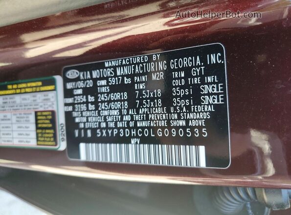 5XYP3DHC0LG090535 2020 KIA TELLURIDE Burgundy Սալոնի 360 աստիճան տեսք