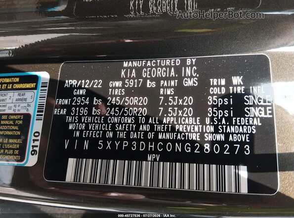 5XYP3DHC0NG280273 2022 KIA TELLURIDE Brown Вид підкапотного простору