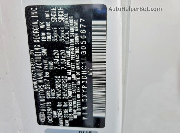 5XYP3DHC1LG056877 2020 KIA TELLURIDE White Панорамний вид салону 360°