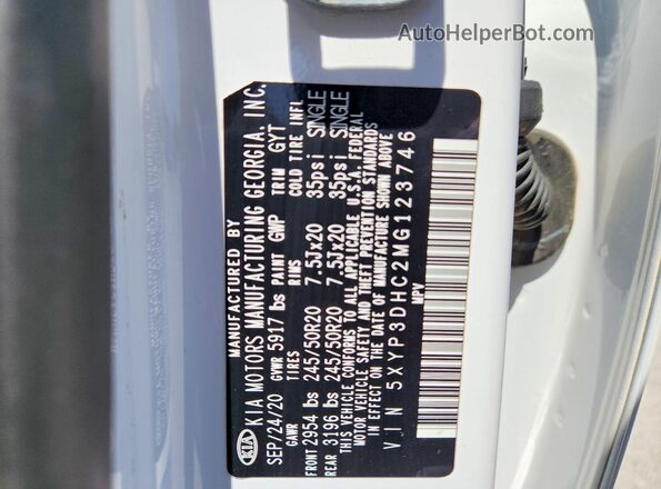 5XYP3DHC2MG123746 2021 KIA TELLURIDE White VIN sticker view