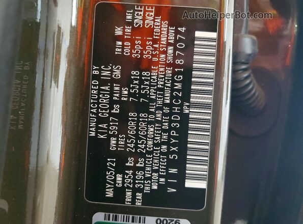 5XYP3DHC2MG187074 2021 KIA TELLURIDE Gray VIN կոդի պիտակի տեսք