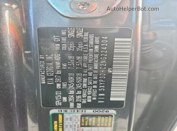 5XYP3DHC2NG224304 2022 KIA TELLURIDE Угольный Вид наклейки с VIN-кодом