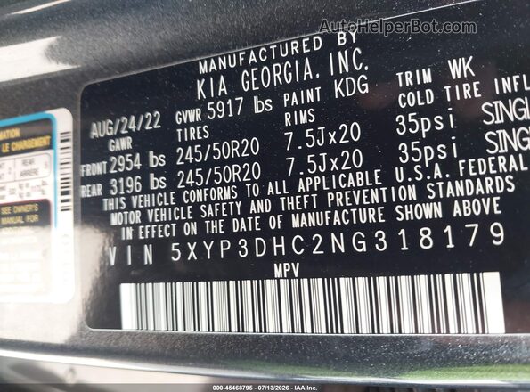 5XYP3DHC2NG318179 2022 KIA TELLURIDE Gray Вид підкапотного простору