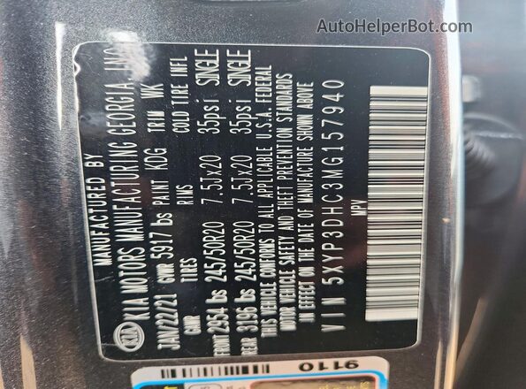 5XYP3DHC3MG157940 2021 KIA TELLURIDE Gray Vista de la etiqueta del VIN
