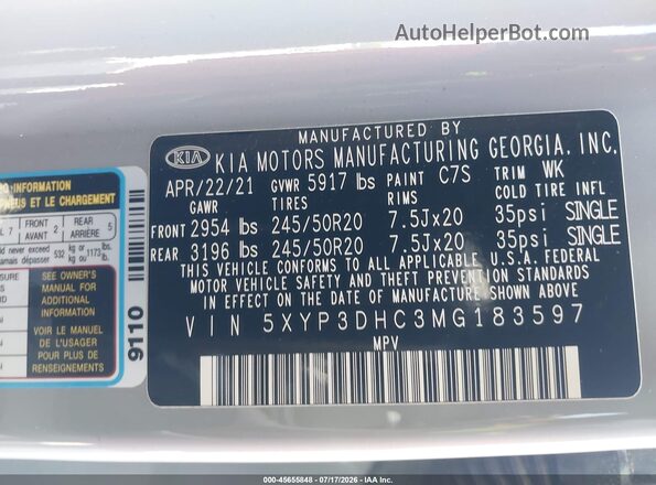 5XYP3DHC3MG183597 2021 KIA TELLURIDE Gray Вид підкапотного простору