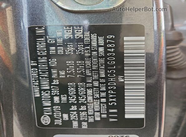 5XYP3DHC5LG034879 2020 KIA TELLURIDE Серый Вид наклейки с VIN-кодом
