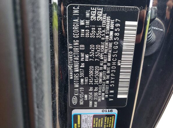 5XYP3DHC5LG058597 2020 KIA TELLURIDE Black VIN sticker view