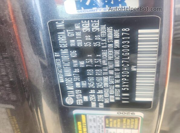 5XYP3DHC7LG003178 2020 KIA TELLURIDE Gray VIN sticker view