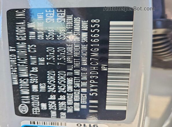 5XYP3DHC7MG166558 2021 KIA TELLURIDE Gray VIN sticker view