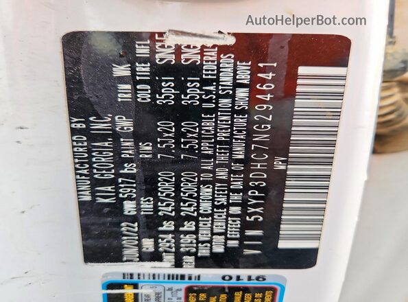 5XYP3DHC7NG294641 2022 KIA TELLURIDE White Вид підкапотного простору