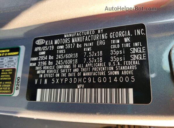 5XYP3DHC9LG014005 2020 KIA TELLURIDE Gray Вид наклейки з VIN-кодом