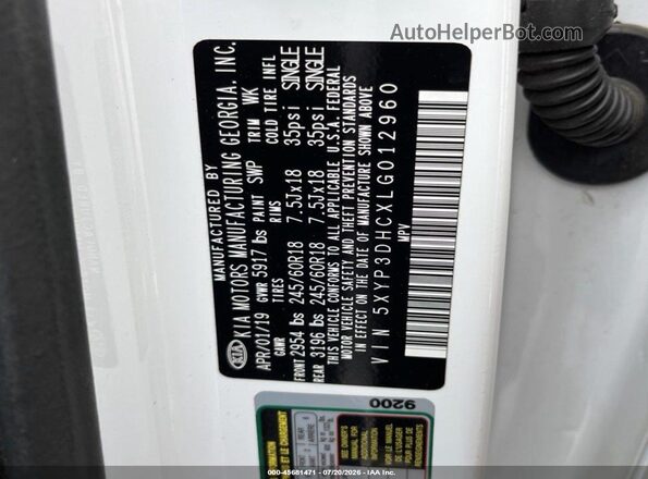 5XYP3DHCXLG012960 2020 KIA TELLURIDE White VIN կոդի պիտակի տեսք