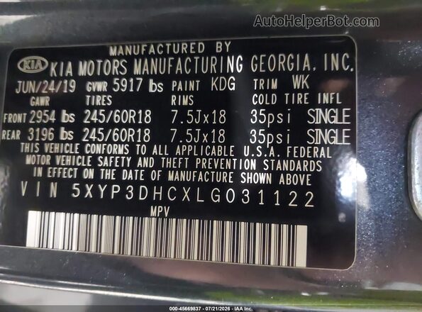 5XYP3DHCXLG031122 2020 KIA TELLURIDE Gray Շարժիչի բաժամունքի տեսք