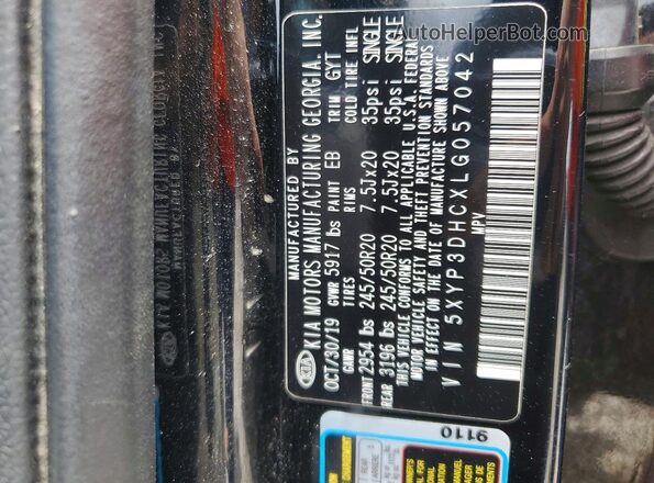 5XYP3DHCXLG057042 2020 KIA TELLURIDE Black VIN sticker view